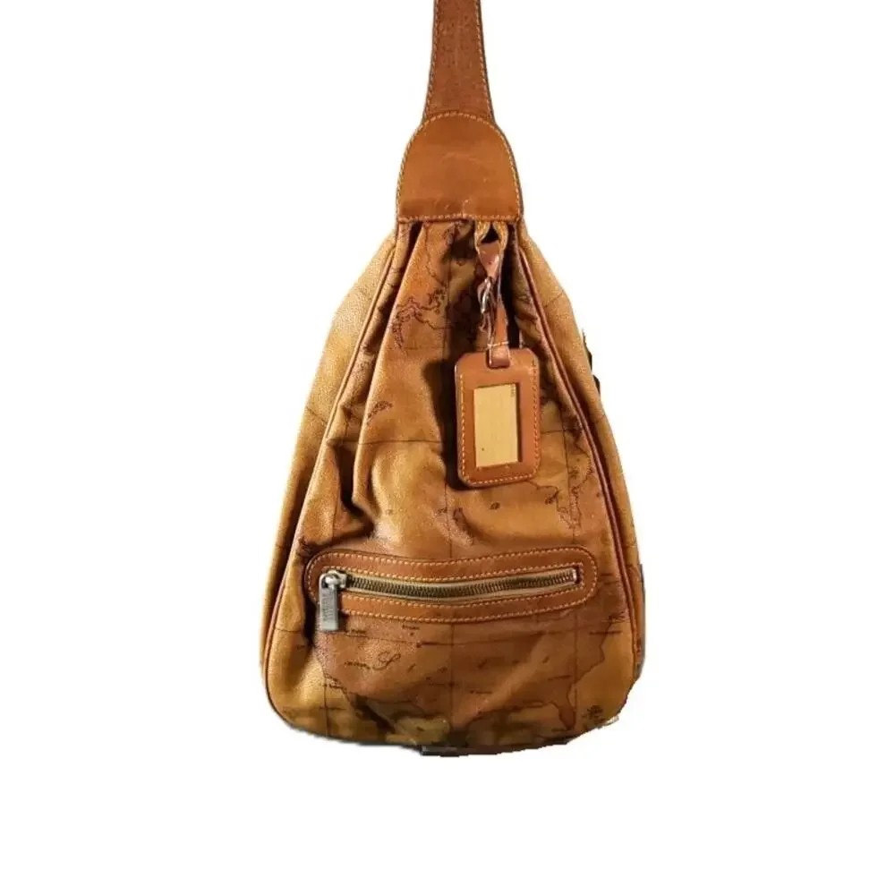 Alviero Martini 1A Classe Geo Classic Map Leather Sling Backpack Italian Luxury